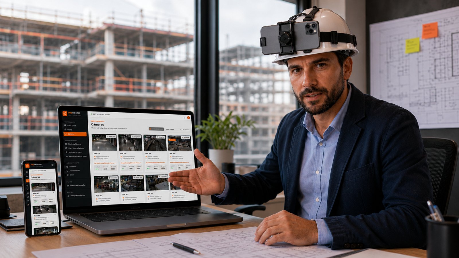 Engenheiro com capacete equipado com smartphone apresentando o painel ProMonitor