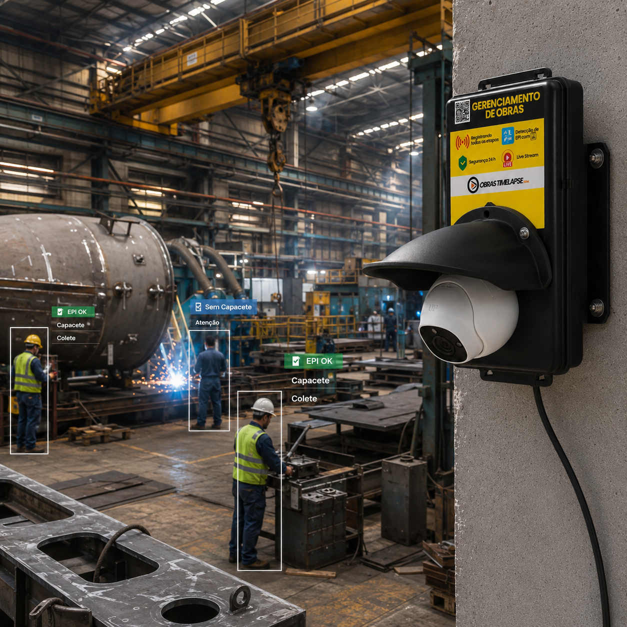 Câmera ProMonitor com inteligência artificial detectando uso de EPI em ambiente industrial