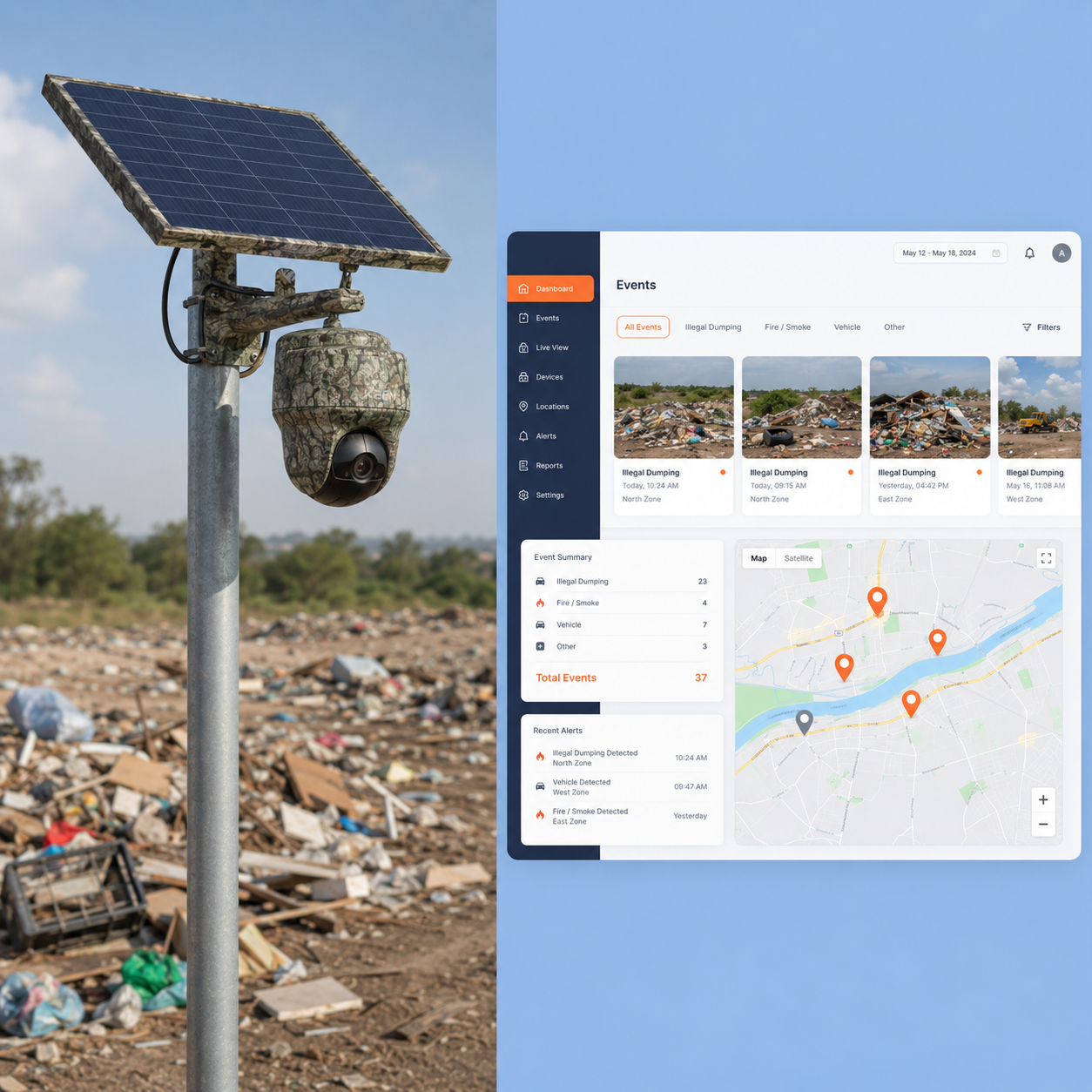 Câmera 4G solar monitorando área de descarte irregular com painel de eventos e mapa de pontos