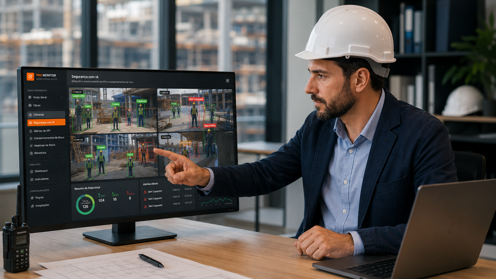 Engenheiro acompanhando o painel ProMonitor com detecção de EPI por IA