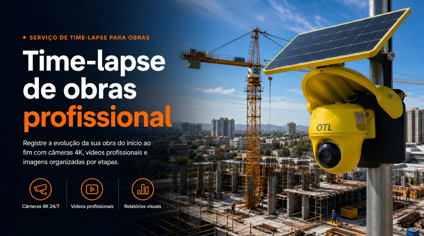 Time-lapse de obras profissional OTL — câmera time-lapse 4K com painel solar registrando a evolução do canteiro